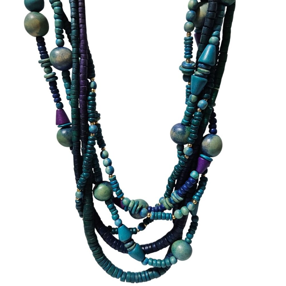 Boho Wooden Beaded Layered Necklace Blue Purple Accents Fashion Jewelry Women